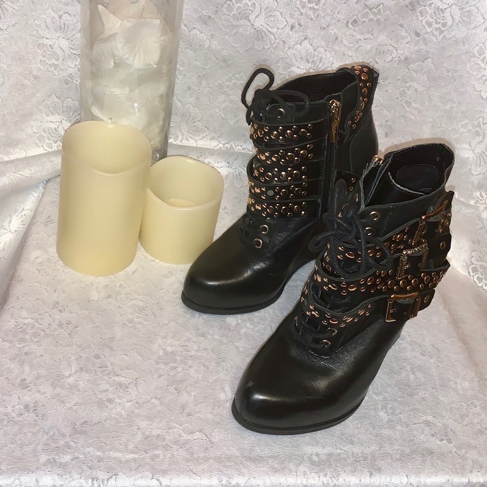 Black and Gold leather ankle booties